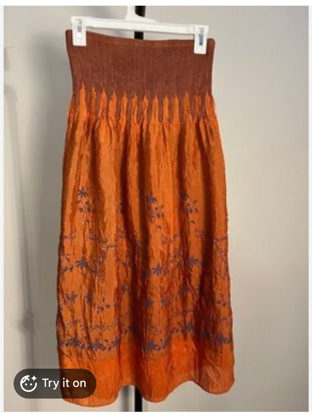 Lapis Orange Midi Skirt with Blue Floral Embroidery